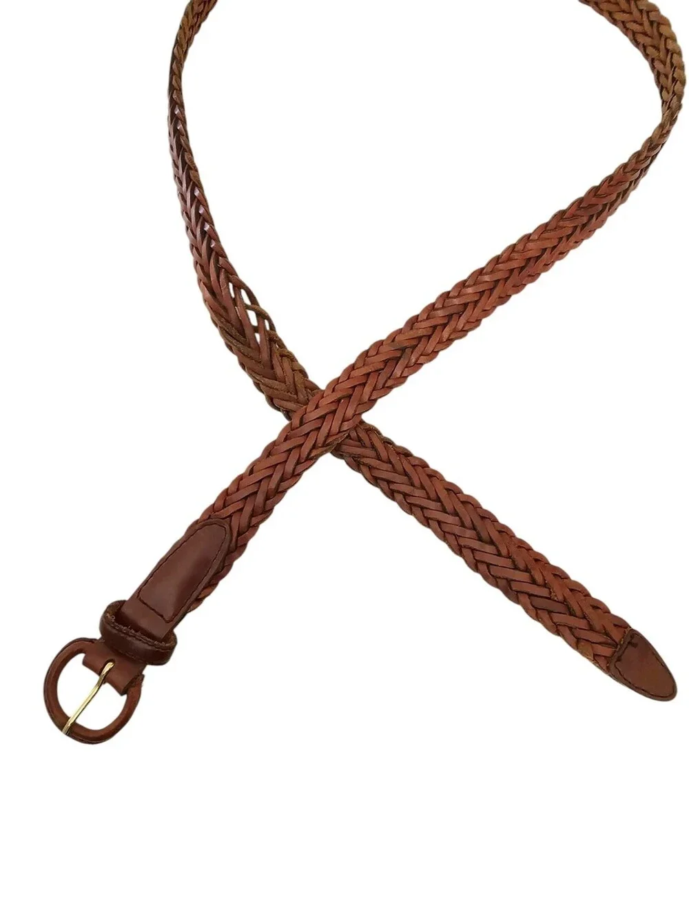 Vintage Mens Sz 42 Brown Leather Woven Braided Belt
